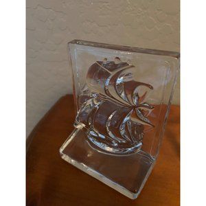 VTG Crystal Clipper Sailing Ship Schooner Bookends New Martinsville 3D Maritime